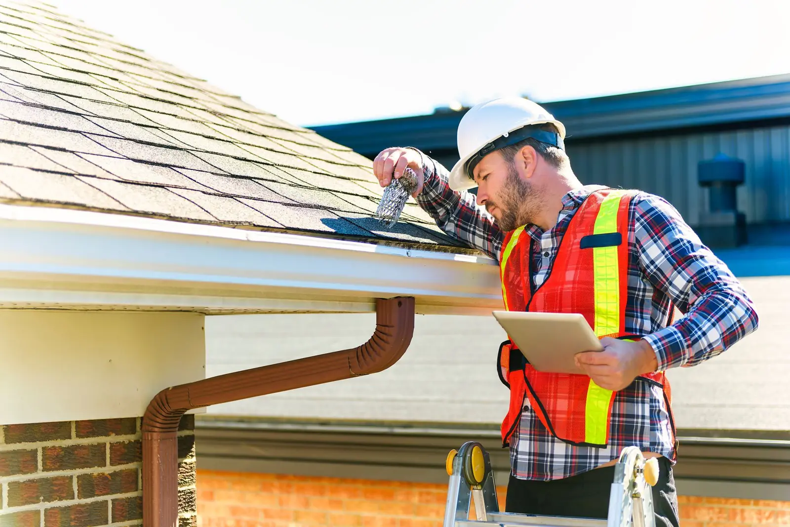 Roofing inspector in a safety vest checking a roof edge with a clipboard